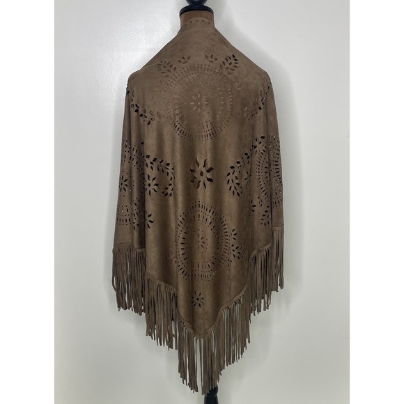 Hippy Faux Suede Brown Fringe Laser Cut Wrap Shawl Origami By Vivien Boho West - Picture 5 of 9